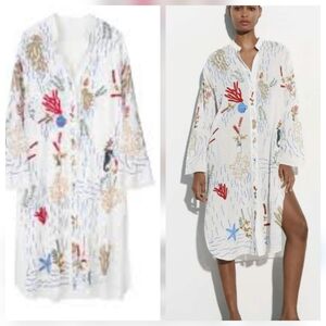 Zara Freyja Embroidered White Odessa Collarless Long Shirtdress